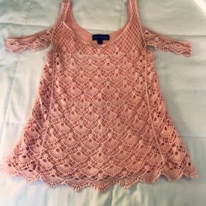 Pretty, size small crocheted, fully lined, cold shoulder top